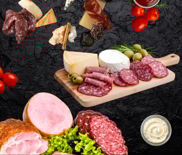 Plateau charcuterie et fromages : saucisson, jambon, fromages divers, olives et tomates cerises.