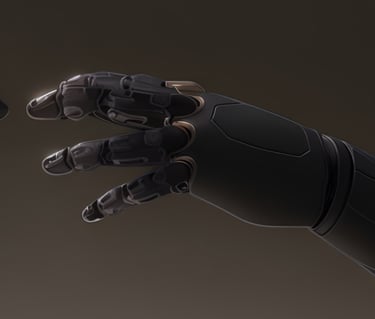 Two futuristic prosthetic arms reaching out in a dramatic pose.