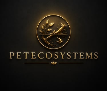 Elegant gold Petecosystems logo featuring a bird and branch icon on a dark textured background.