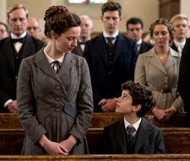 A young boy and woman in Victorian era period clothing sitting in a church pew during a formal service.