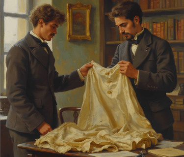 Oil painting of two men in a vintage library examining a delicate antique silk dress on a wooden desk.