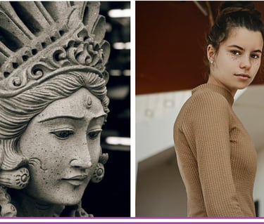 staue of tempal and side picture of girl look as she was the model for it