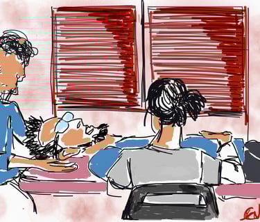 drawing of manual treatment with two terapists