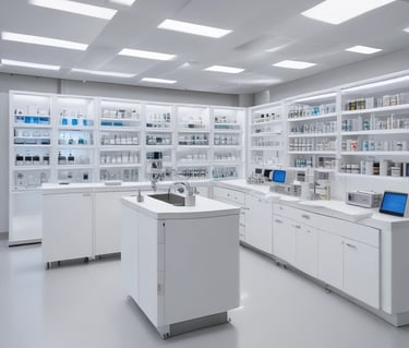 A collection of chemical reagents neatly arranged on a laboratory shelf.