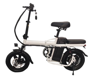 a white electric bike with a black seat