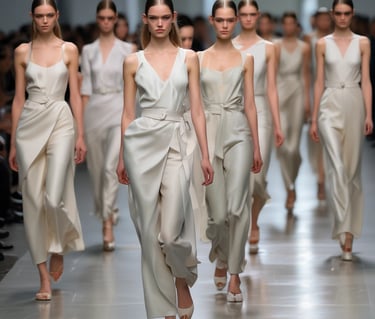 A diverse group of models walks confidently down a runway, showcasing a variety of fashion styles including metallic and patterned fabrics. The setting is a fashion show, and the models display an array of outfits ranging from casual to formal wear. Their expressions are serious and focused, reflecting the professional atmosphere of the event.
