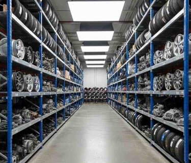 Automotive components displayed in bulk for global wholesale supply and export.