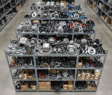 Bulk manufacturing stock of automotive metal parts for international distribution.