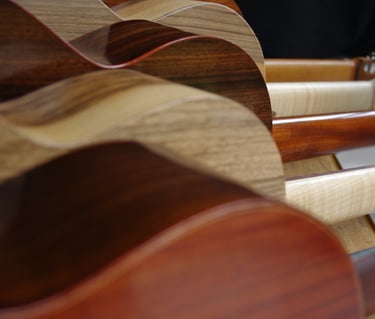 A row of handcrafted wooden acoustic ukuleles showcasing different wood grain patterns and finishes.