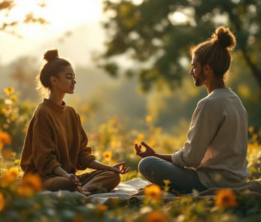 Student and mentor meditating in the woods