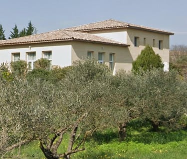 a horse is grazing in the grass near a house