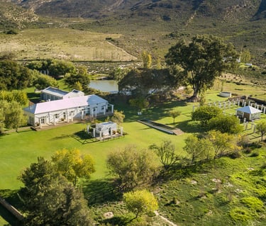 Aerial view of Reubens Choice luxury estate with white buildings and lush green lawns in a valley.