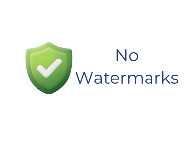 Green security shield with a checkmark icon next to No Watermarks text for image processing.