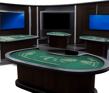 A live casino studio with multiple tables and screens.