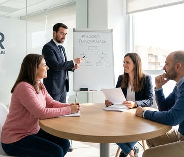 Consultoría fiscal especializada para personas físicas en oficina corporativa moderna.