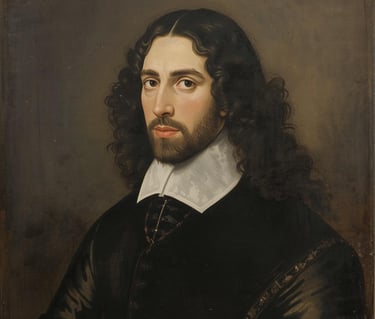 17th-century oil portrait of a man with long dark curls, a beard, and a white collar.