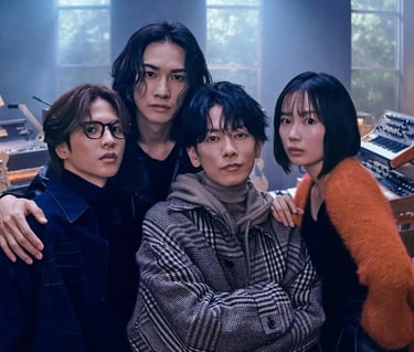 A trendy Asian music group posing together in a recording studio surrounded by synthesizers and keyboards.