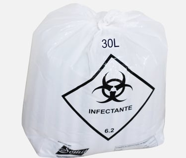 Saco para lixo infectante branco com simbologia no fundo branco