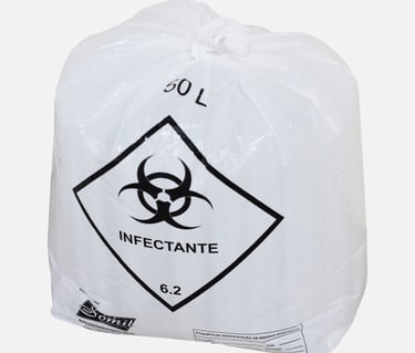 Saco para lixo infectante branco com simbologia no fundo branco