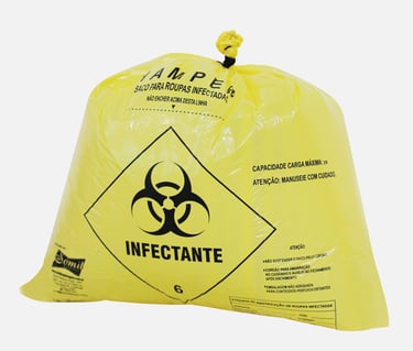 Saco hamper para roupa hospitalar amarelo com simbologia no fundo branco.
