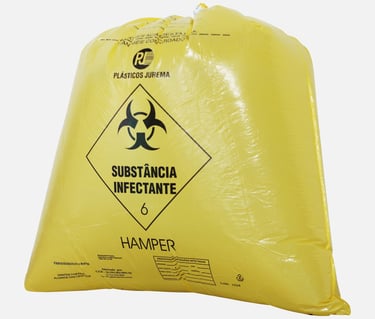 Saco hamper para roupa hospitalar amarelo com simbologia no fundo branco.