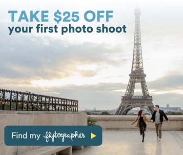 Couple holding hands during a professional Paris photo shoot at the Eiffel Tower with a $25 off discount offer.