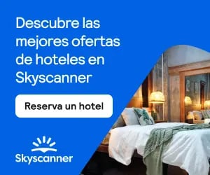Skyscanner banner showing a modern hotel room with a button to find and book cheap hotel deals.