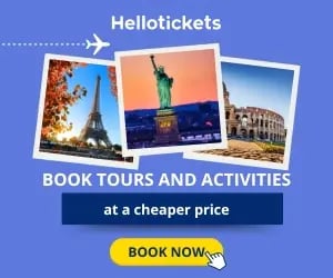 Travel photos of Eiffel Tower, Statue of Liberty, and Colosseum with text to book tours and activities.