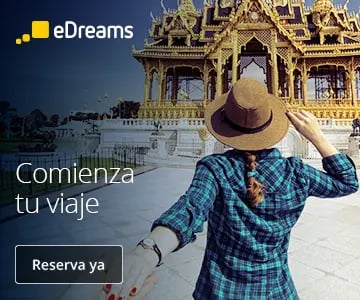 A traveler wearing a hat looks at a gold Thai temple with eDreams travel booking text.