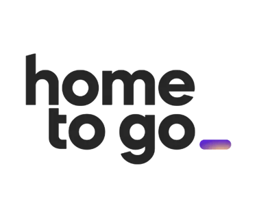 HomeToGo logo in dark grey text with a purple gradient underscore on a black background.