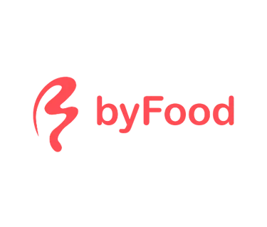 Red byFood company logo with a stylized B icon on a black background.