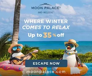 Two penguins in sun hats and sunglasses on pool floats with a Moon Palace winter resort discount.