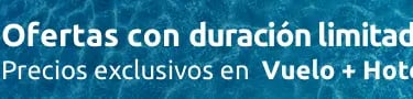 Ofertas de flash sales en paquetes de vuelo y hotel de Rumbo sobre fondo de agua azul.