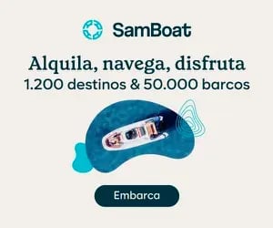 SamBoat boat rental banner featuring a motorboat on blue water with text in Spanish.