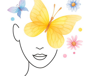 Illustration d’un visage féminin orné d’un papillon et de fleurs – symbolisant la transformation int