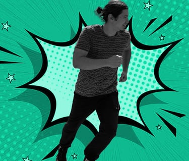 Teacher and founder Jeff running in front of a comic-style background
