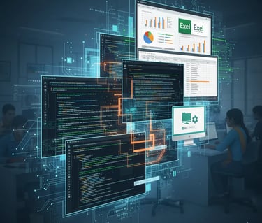 Person working on multiple computer screens displaying programming code, dat analytics