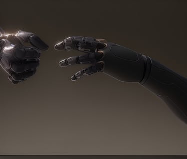 Two futuristic prosthetic arms reaching out in a dramatic pose.