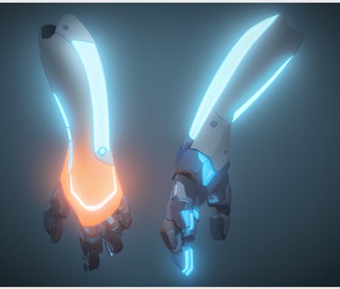 Pair of glowing futuristic prosthetic hands, one in orange, one in blue.