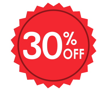 a red badge with the words 30 % off