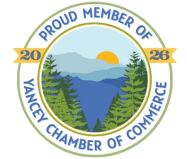 Yancey Chamber of Commerce 2026 Proud Member badge with Blue Ridge Mountain sunrise illustration