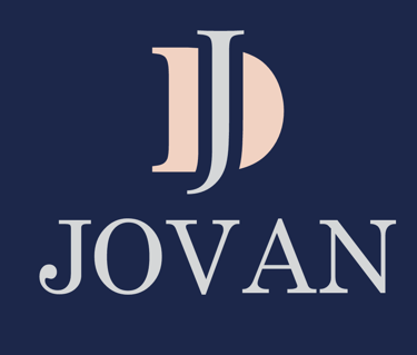 Elegant Jovan logo featuring interlocking J and D letters on a navy blue background.