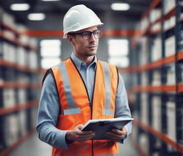 A person wearing a white hard hat and an orange safety vest is standing on a high platform, examining a piece of paper. The background shows a vast industrial area with a cloudy sky.