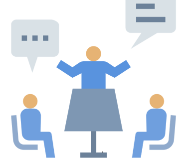 a woman sitting at a table with a speech bubble