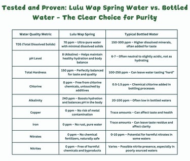 Chart comparing Lulu Wap spring water and bottled water quality metrics and purity