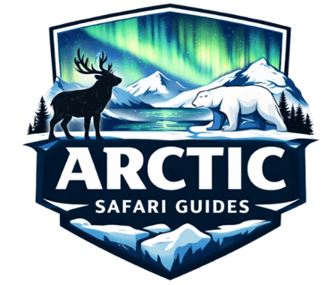 Arctic Safari Guides logo featuring Northern Lights, Arctic wildlife and snowy landscapes.