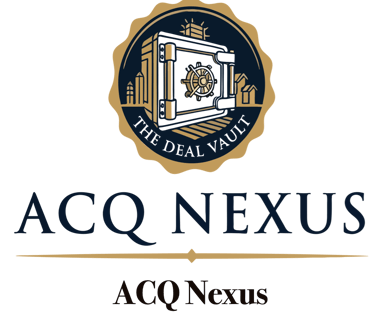 ACQ Nexus logo featuring a bank safe icon and The Deal Vault seal for business acquisition savings..