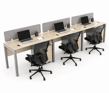 Modern 3-person office workstation with light oak desks, ergonomic mesh chairs, and privacy screens.
