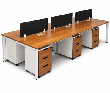 Modern 6-person office workstation with wood grain desks, black privacy screens, and rolling storage drawers.