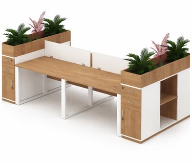 Modern 2-person wooden office workstation with integrated planters, privacy screens, and storage drawers.